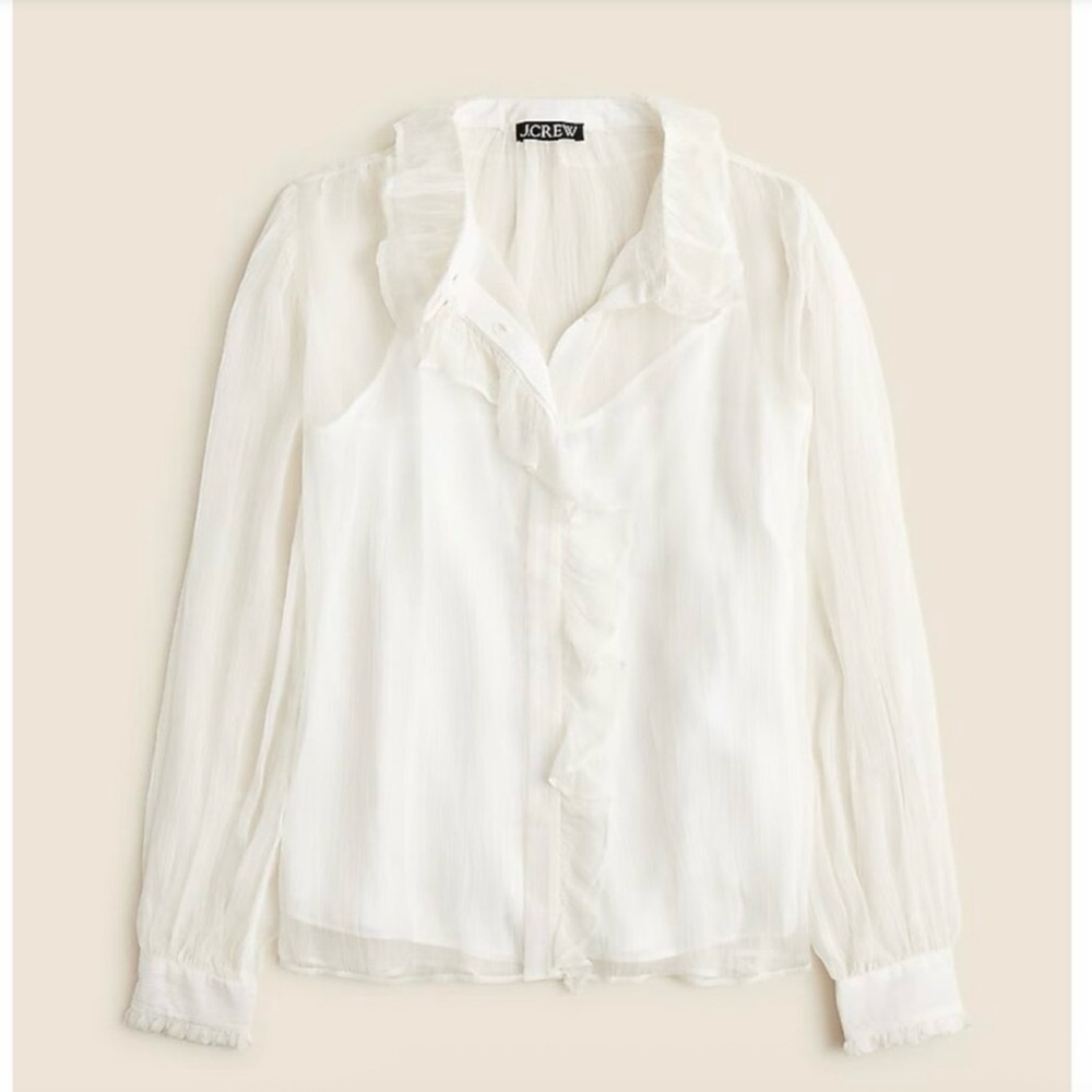 NWT J. Crew Ruffle Button-up Shirt Crinkle Chiffon White Cream